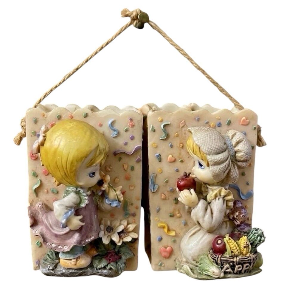 Wall Pocket Vase Set Girl Sunflowers Apples Decorative Hanging Planter Pair 3.5"